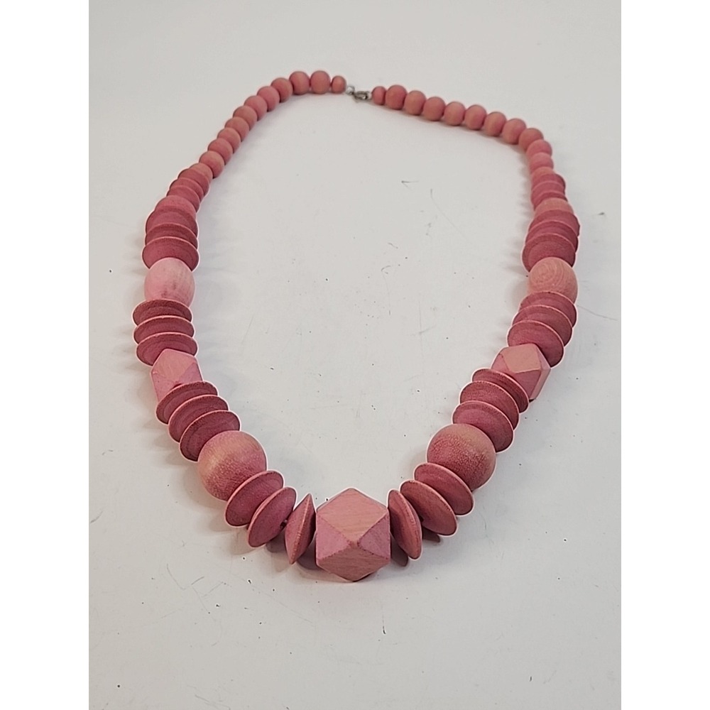 Vtg Retro 80s Pink Wooden Disc Necklace Chunky Geometric Statement Boho 24.5"
